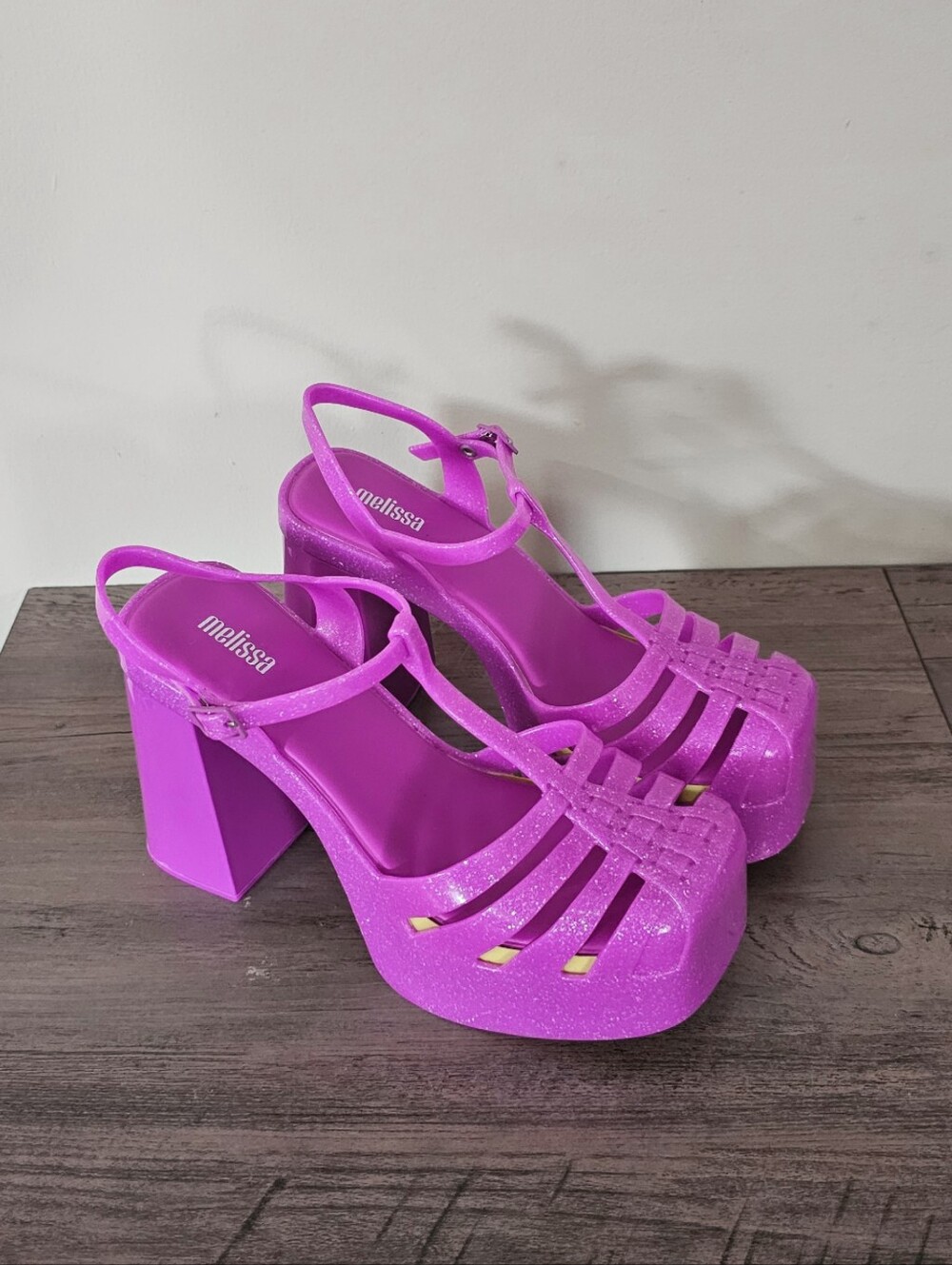 Melissa Women’s Pink Glitter Party Platform Chunky Jelly Heels 7 Barbie Rave